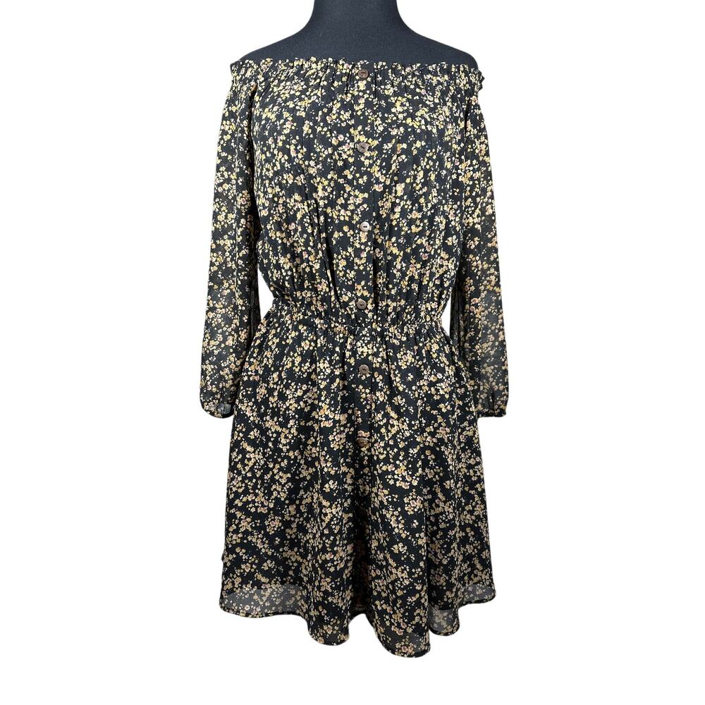 Miss Me Off The Shoulder Women's Floral Black Tan 1/2 Sheer Sleeve Dress Size S